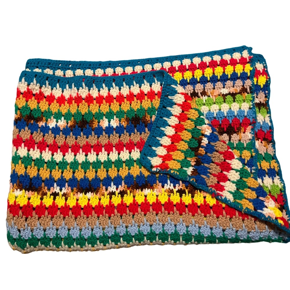 Vintage Hand crochet afghan throw 70s vibrant‎ retro Boho 47x79